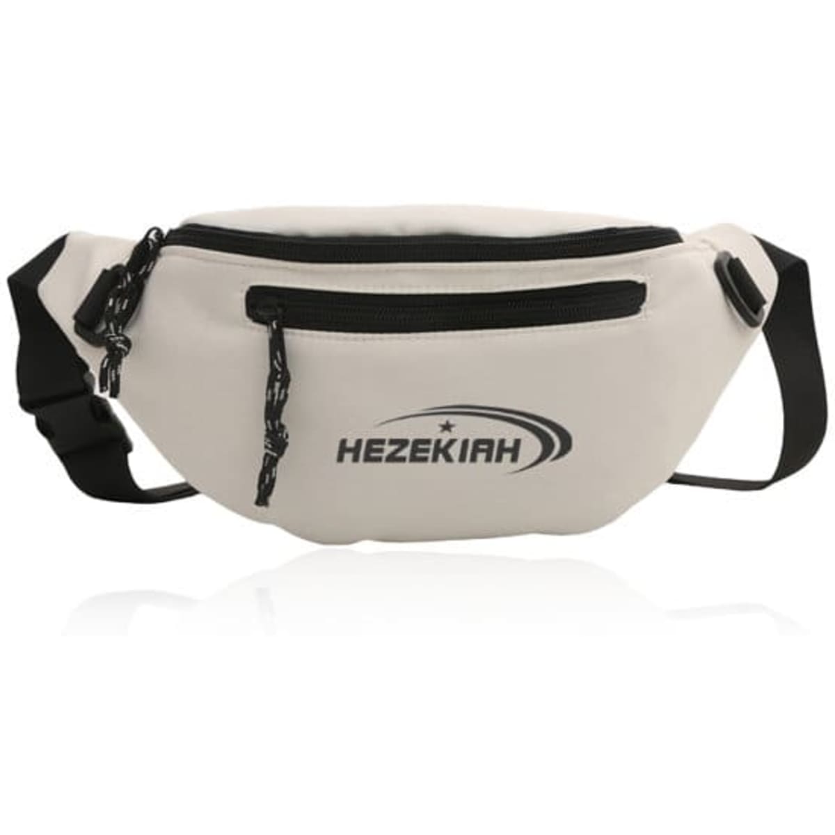A white men's sports waist bag with a black zipper and branding logo on the front.