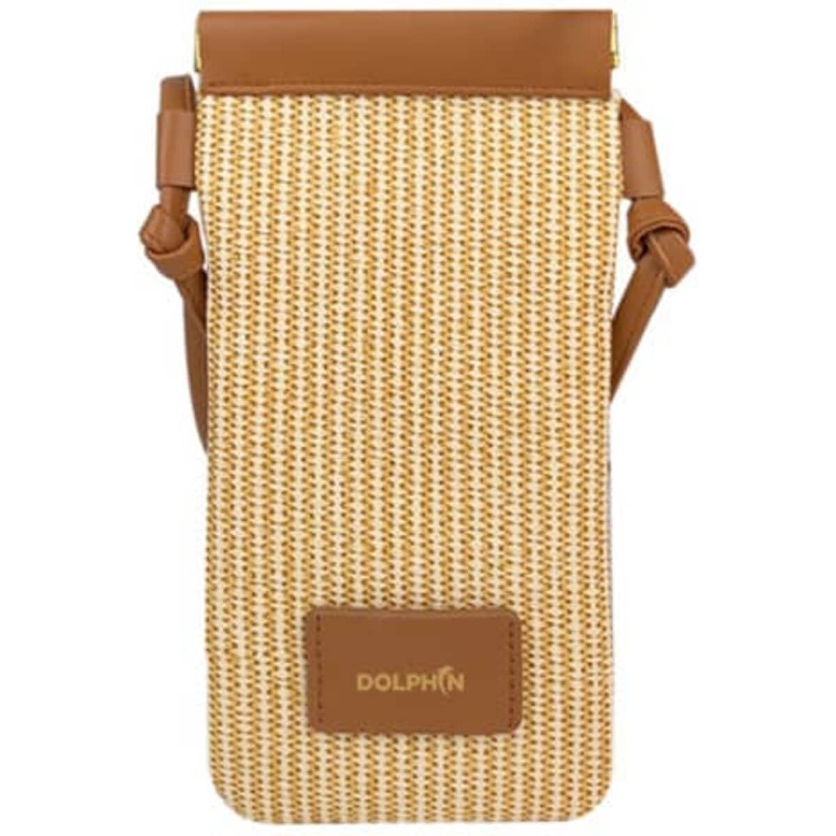 A PU leather braided mobile phone bag in beige and brown, featuring a strap and a logo.