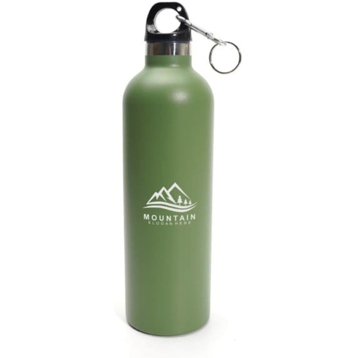A drink bottle in olive green stainless steel with a keyring attachment. Features a logo on the front.