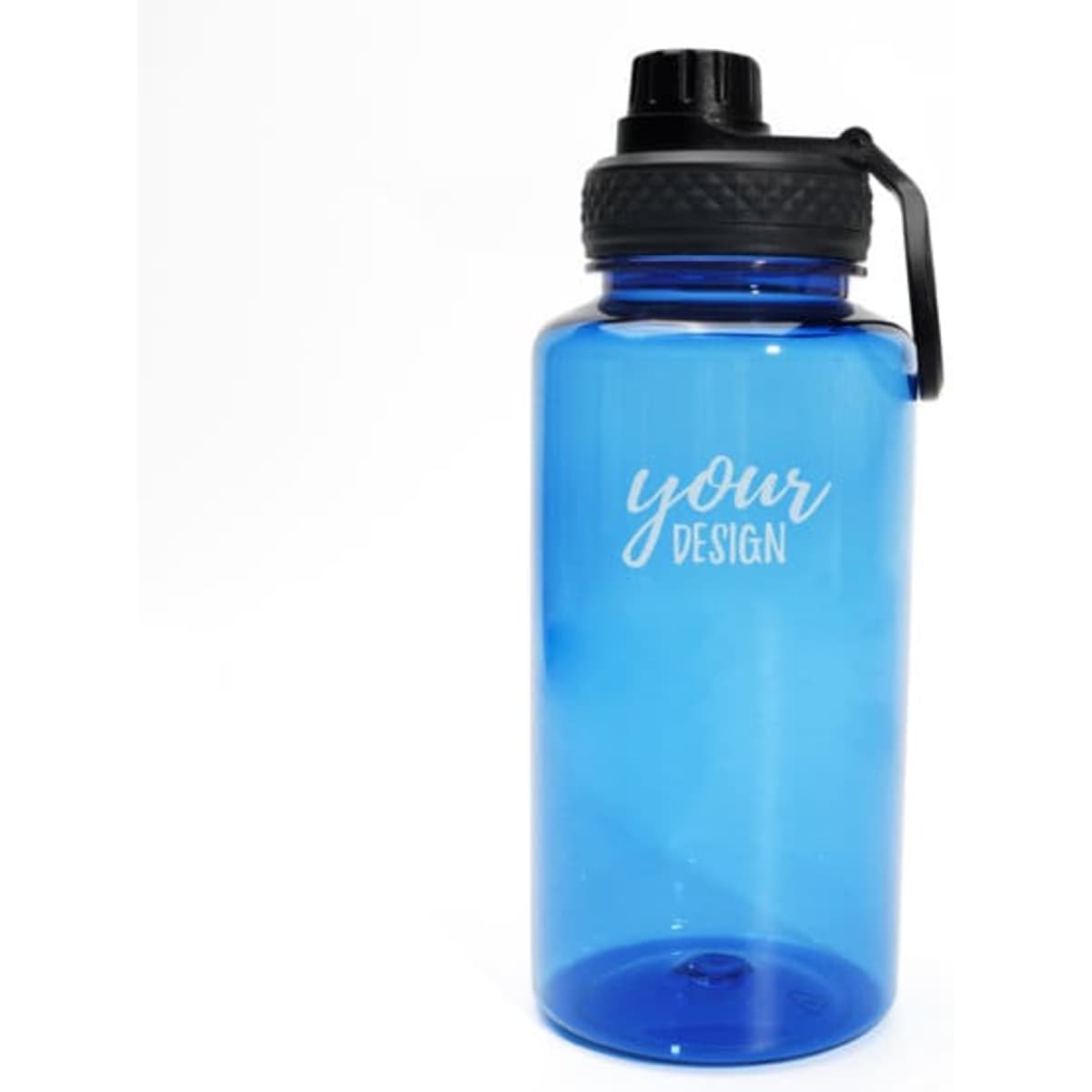 A blue plastic sports bottle with a black lid and a carry handle, featuring a logo.