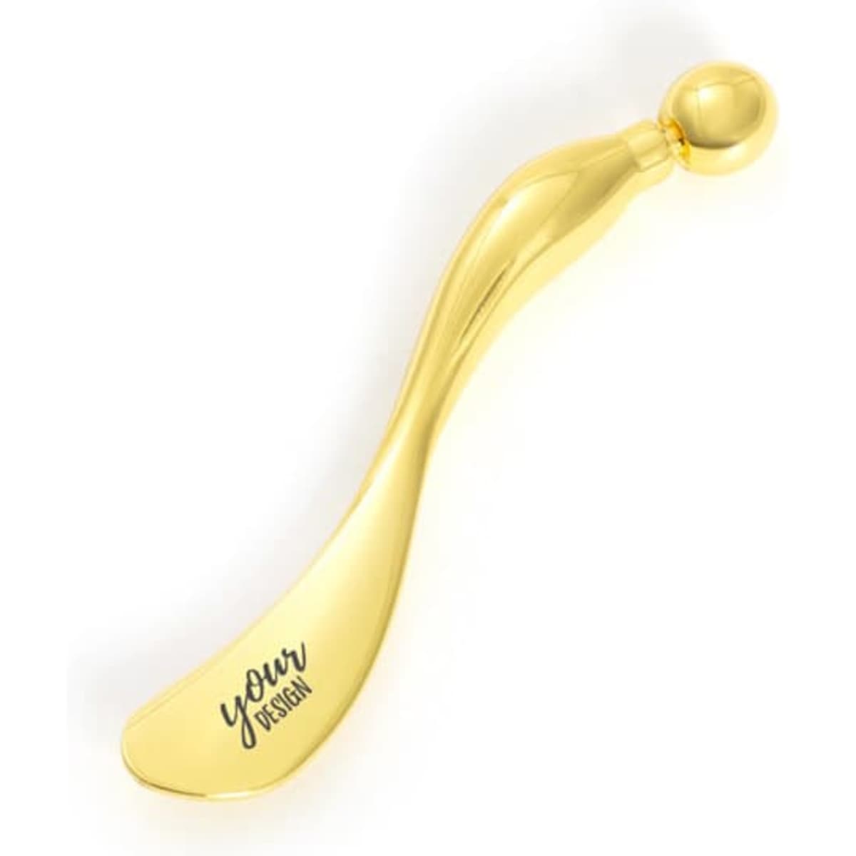 A gold S-shaped facial massage stick with a rounded end, featuring a logo on one side.