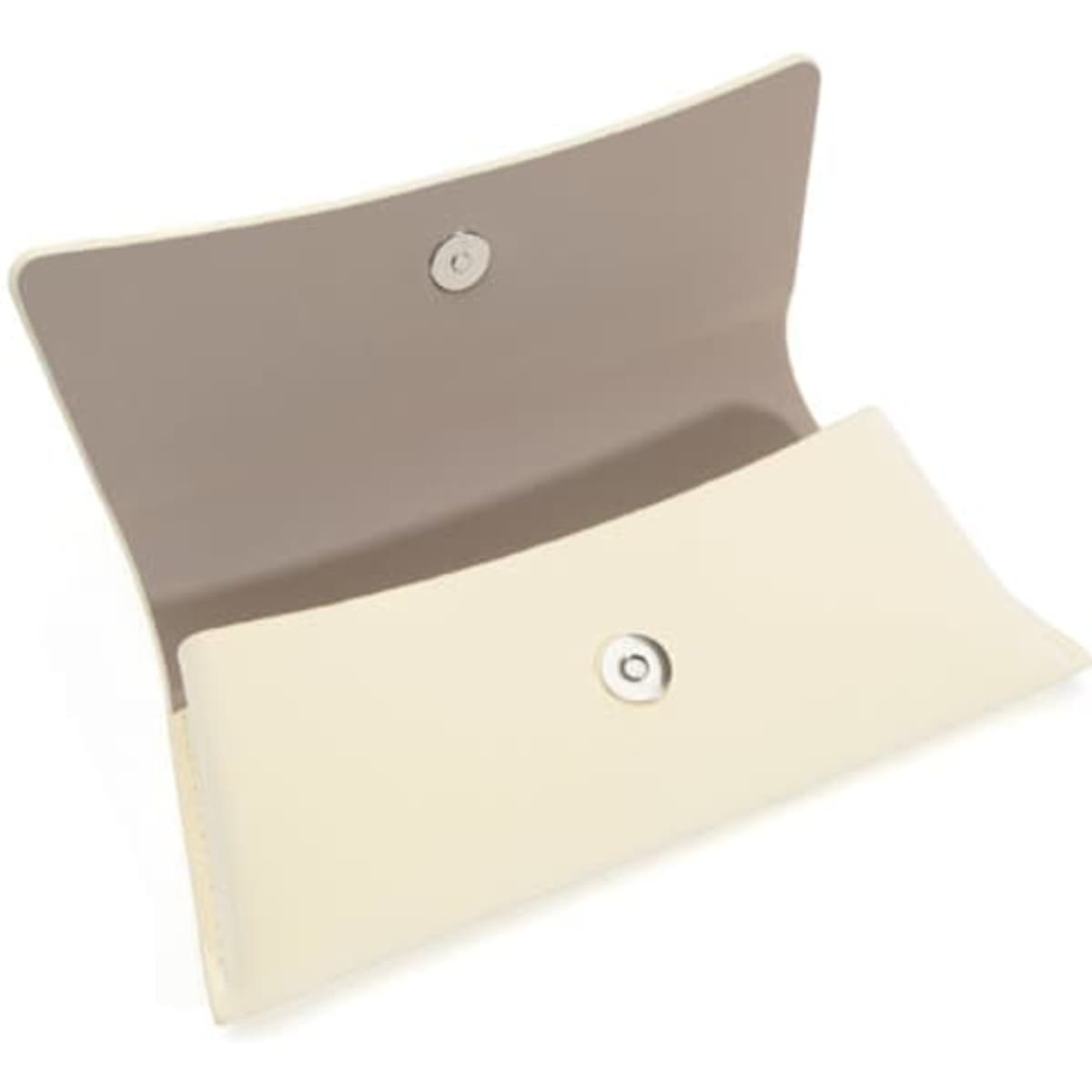 A hard shell eyeglasses case in cream with a soft beige interior, featuring a snap closure.