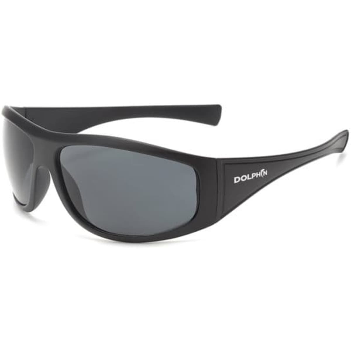 Sports cycling sunglasses in black with dark lenses, featuring a simple design and a logo on the side.
