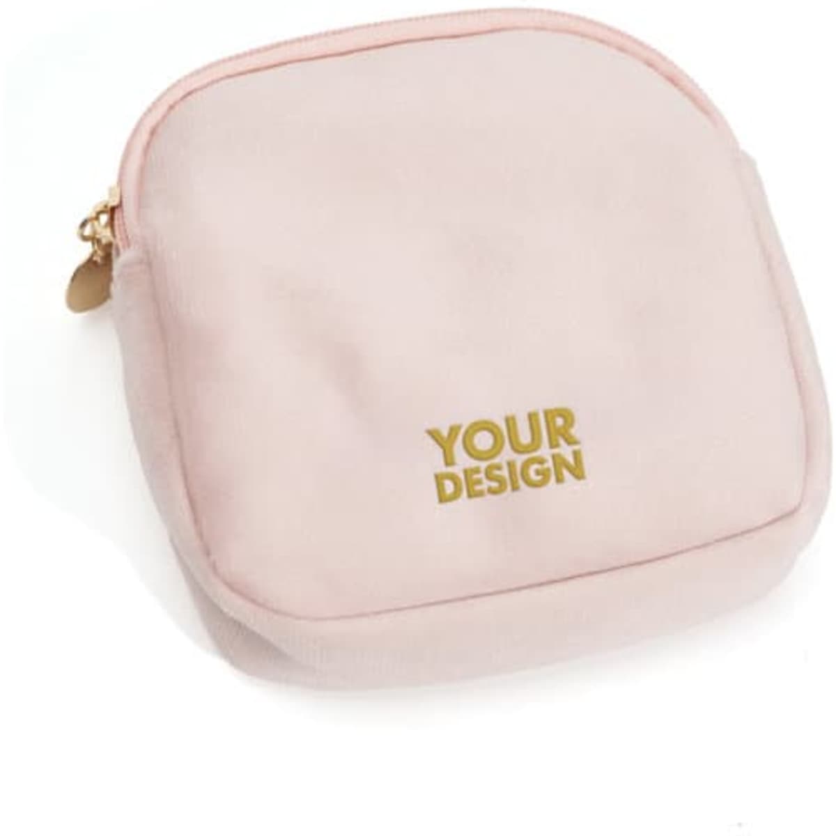 A pink velvet cosmetic bag with a zip and a branded logo on the front.