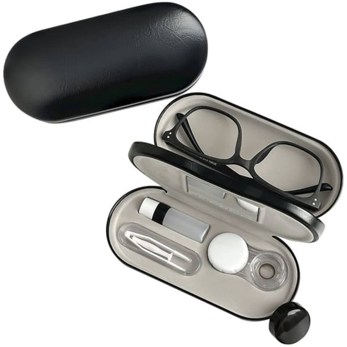 A black double-sided glasses case featuring glasses and storage compartments for cleaning supplies and accessories.