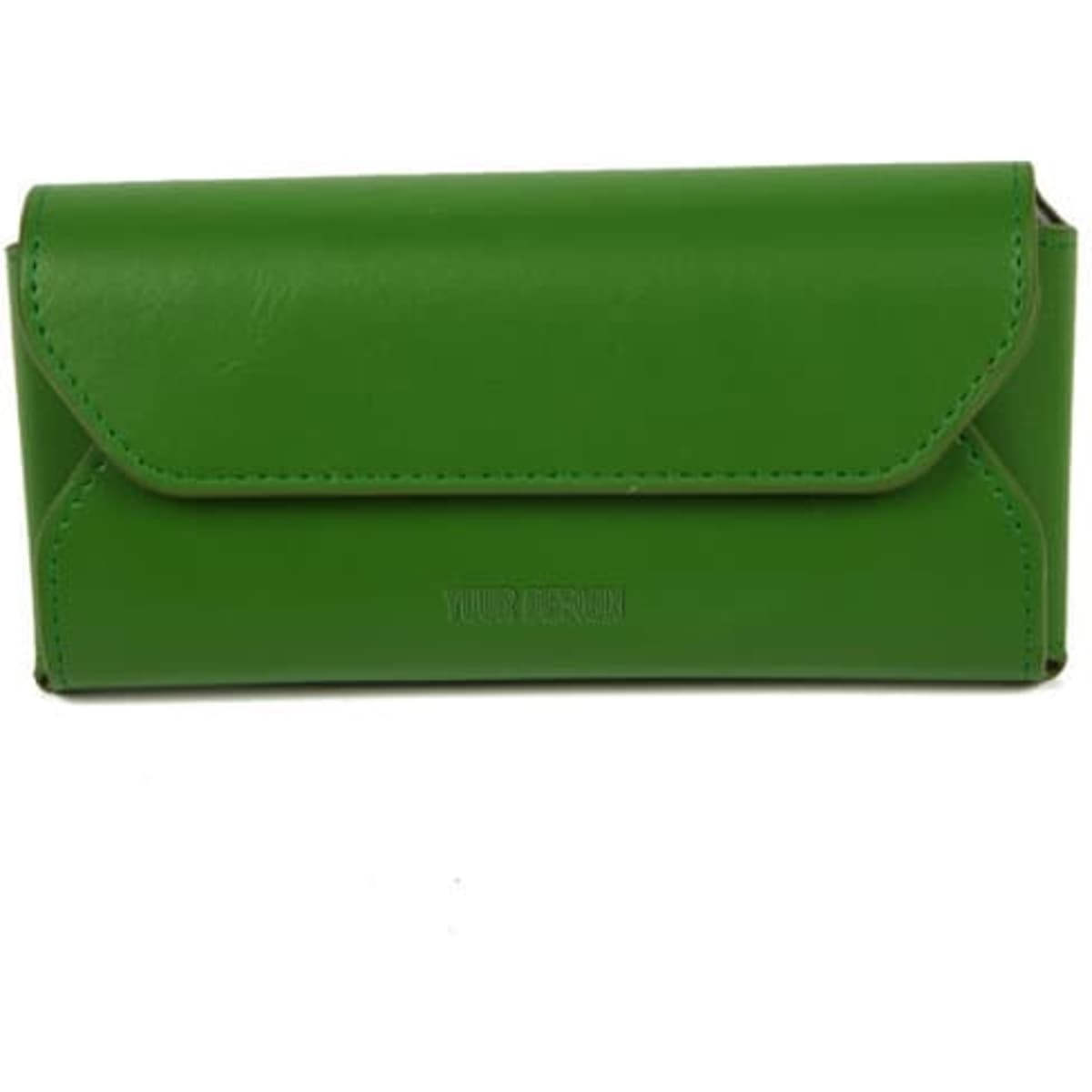 A green PVC leather glasses protective case with a flap closure and a logo on the front.