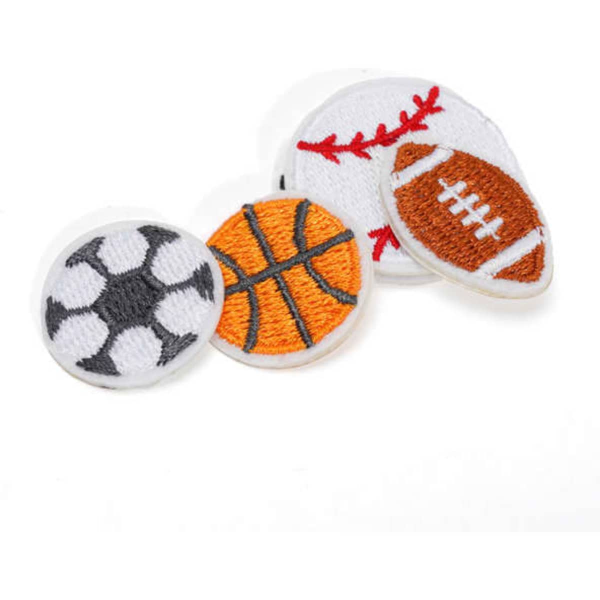Four self-adhesive cloth embroidery patches featuring a soccer ball, basketball, baseball, and American football, primarily in white, orange, and black.