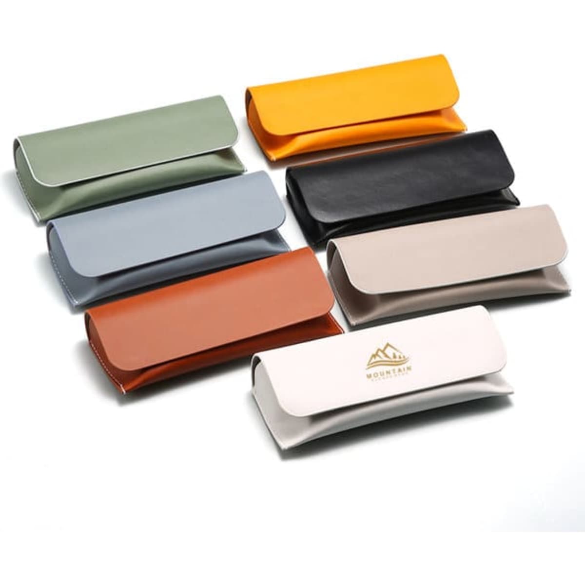 A range of PU flip top glasses cases in green, orange, black, blue, beige, and a white case with a logo.