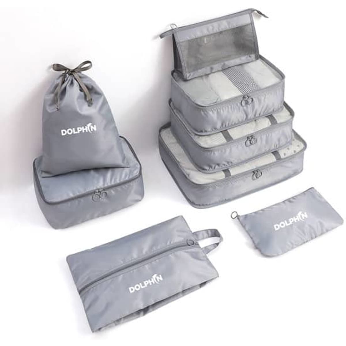 A grey luggage storage travel kit bag set includes multiple packing cubes and a drawstring pouch, featuring a logo.