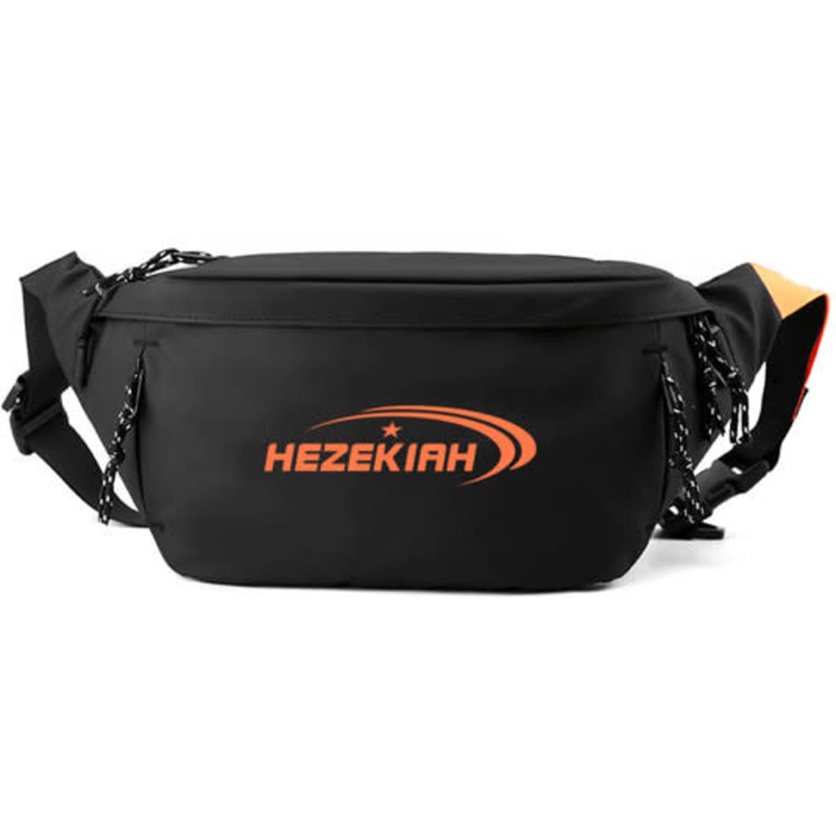 A large black travel fanny pack with zipper pockets and an orange logo. Features adjustable straps.