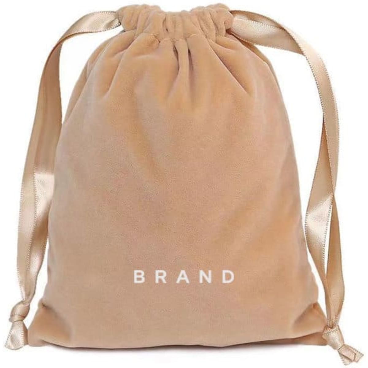A peach flannel drawstring gift pouch with satin ties and a logo on the front.