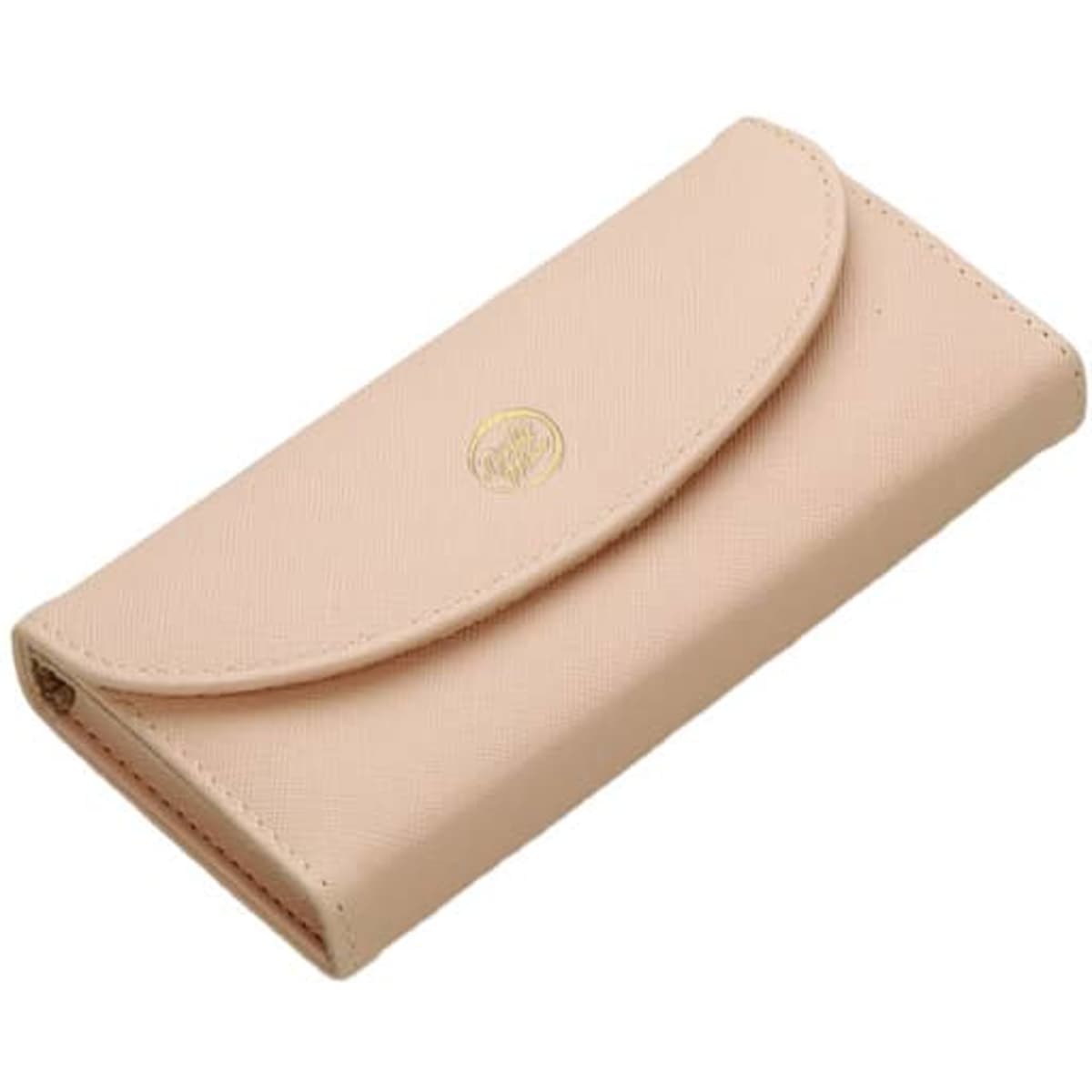 A pale pink wallet with a textured finish and a gold logo on the front.