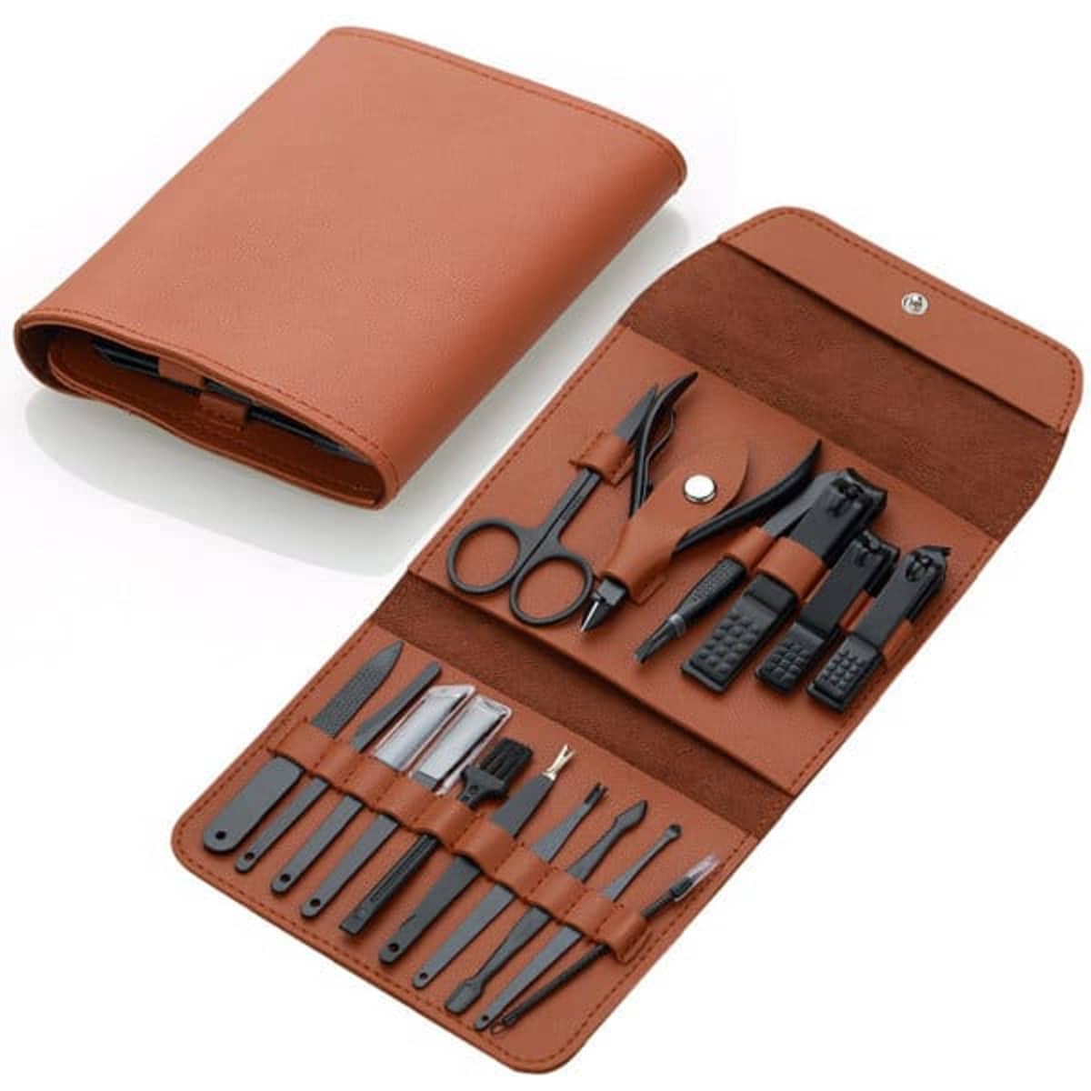 A brown faux leather case containing 16 stainless steel manicure tools, including scissors, clippers, and buffers.