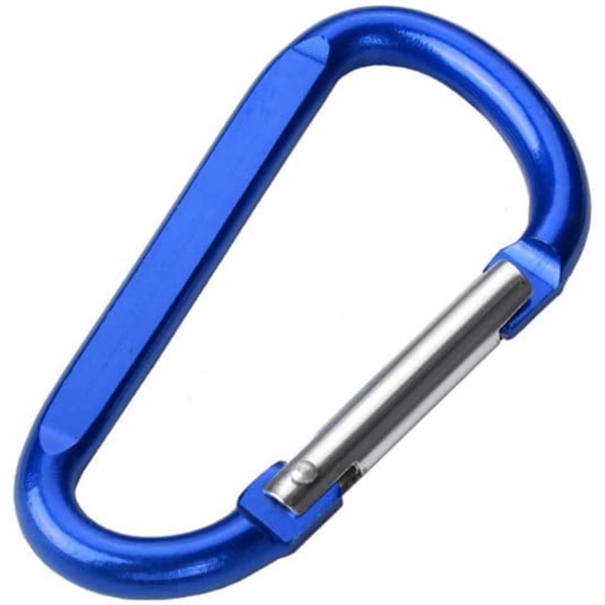 A blue D-shaped metal carabiner with a silver locking mechanism, featuring a simple design and a branded logo.