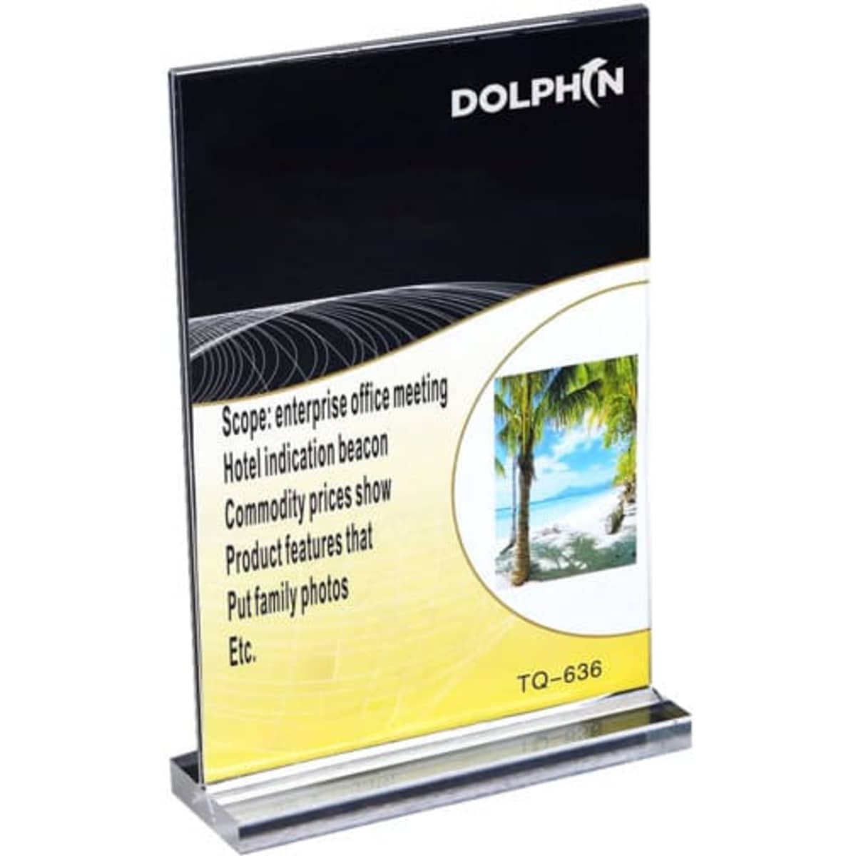 A clear acrylic table top sign holder, featuring a sleek design and a sturdy base, suitable for displaying information.
