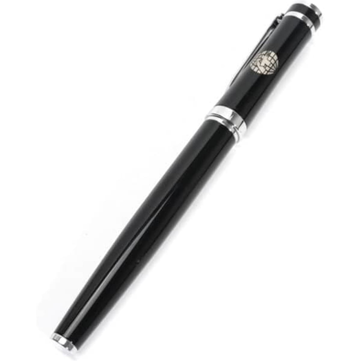 A smooth writing ballpoint pen in black with silver accents and a logo on the side.