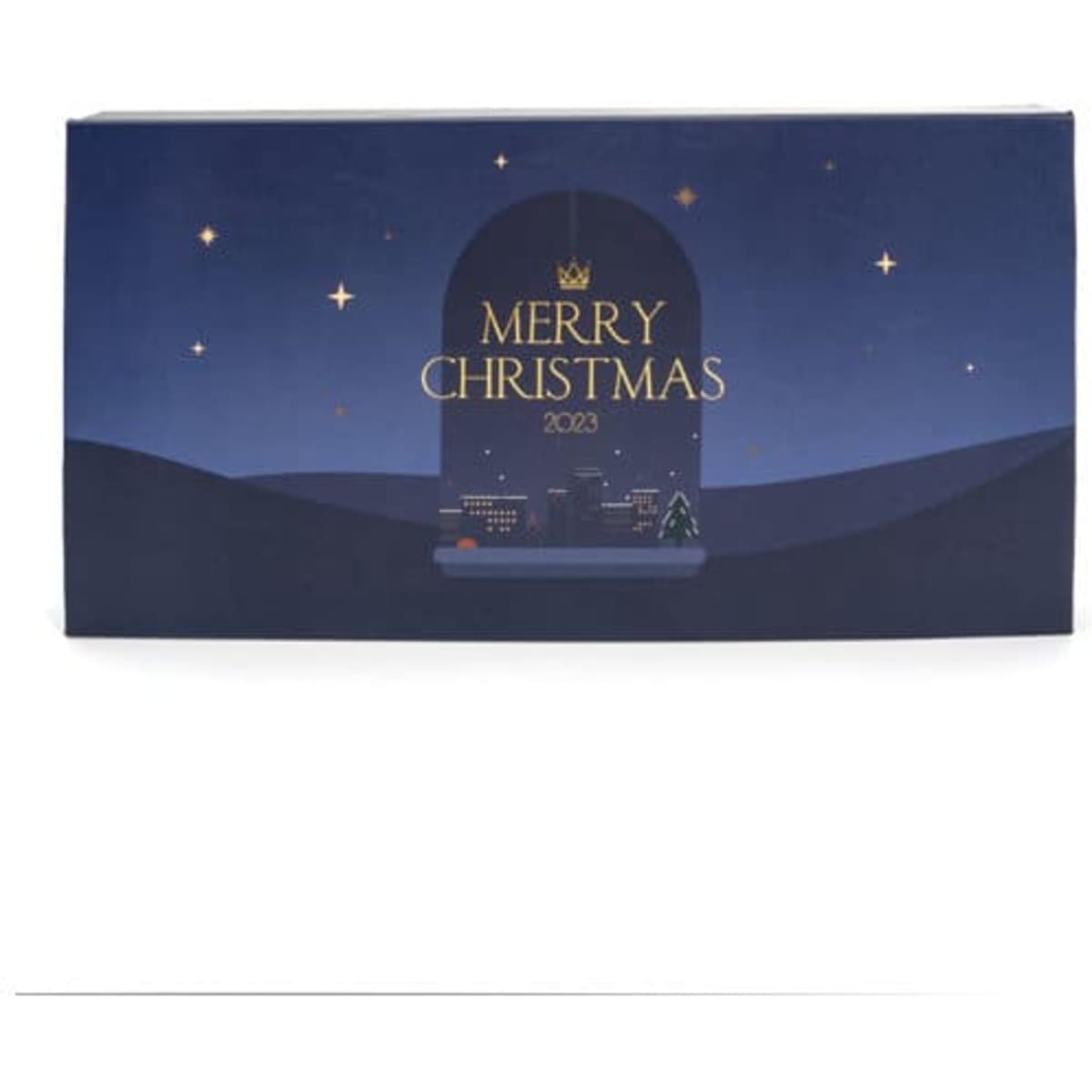 A gift box featuring a festive design with a night sky, stars, and a Christmas tree. It has a decorative logo.