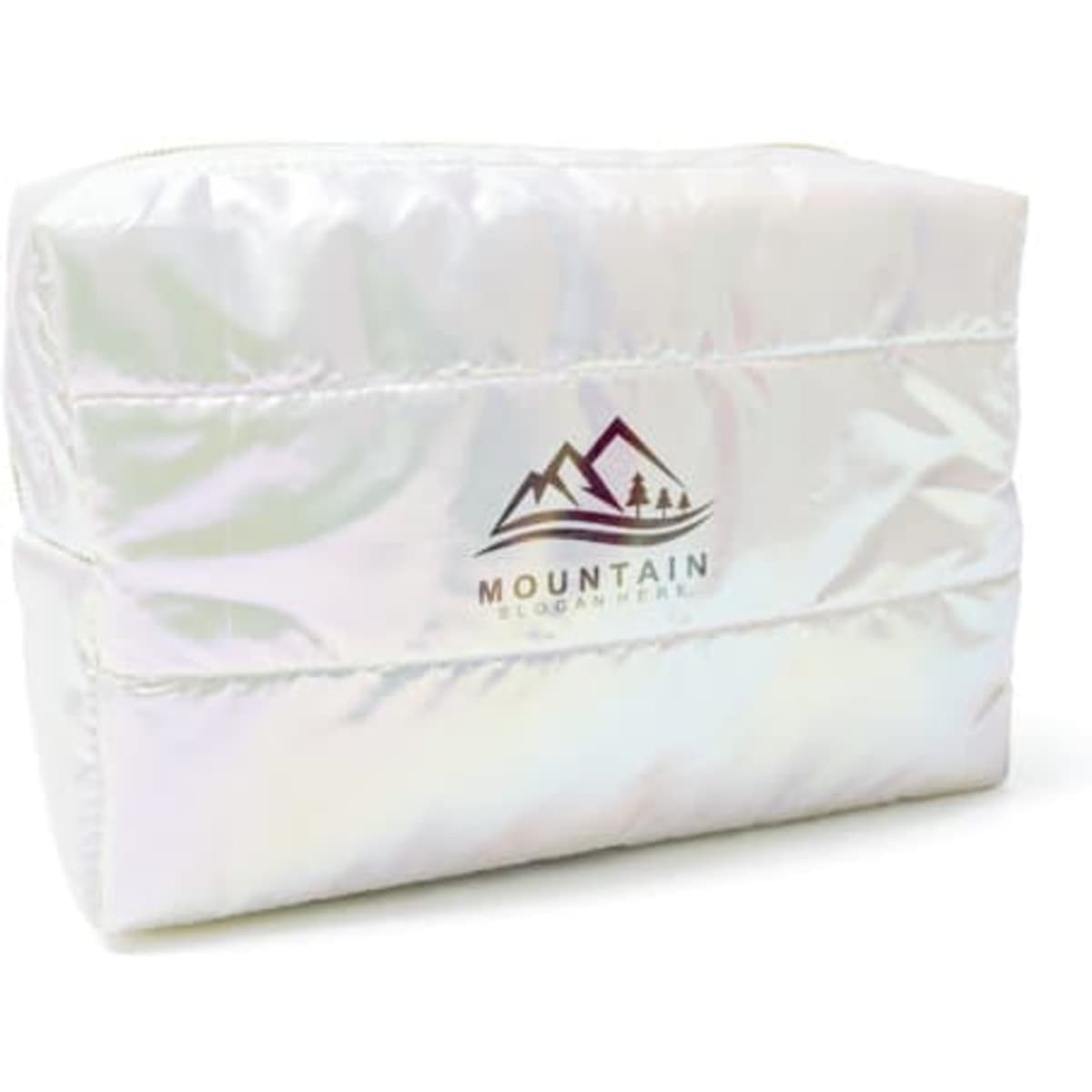 A puffy quilted cosmetic bag in iridescent white with a mountain logo.