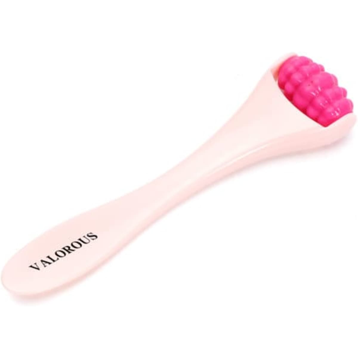 A pink roller eye cream stick with a white handle and a branding logo.