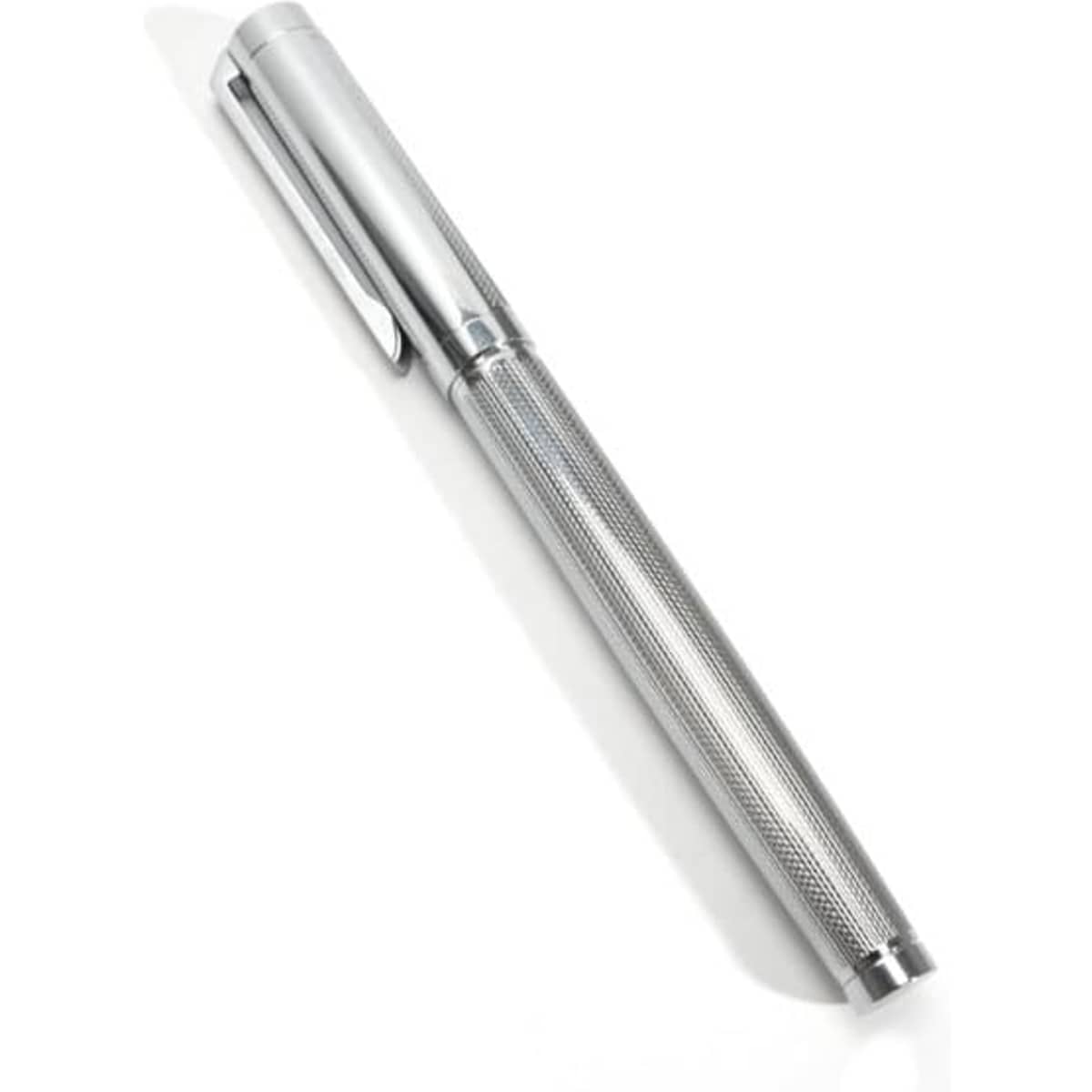 A silver fountain pen with a textured barrel and a clip, featuring an ink converter mechanism.