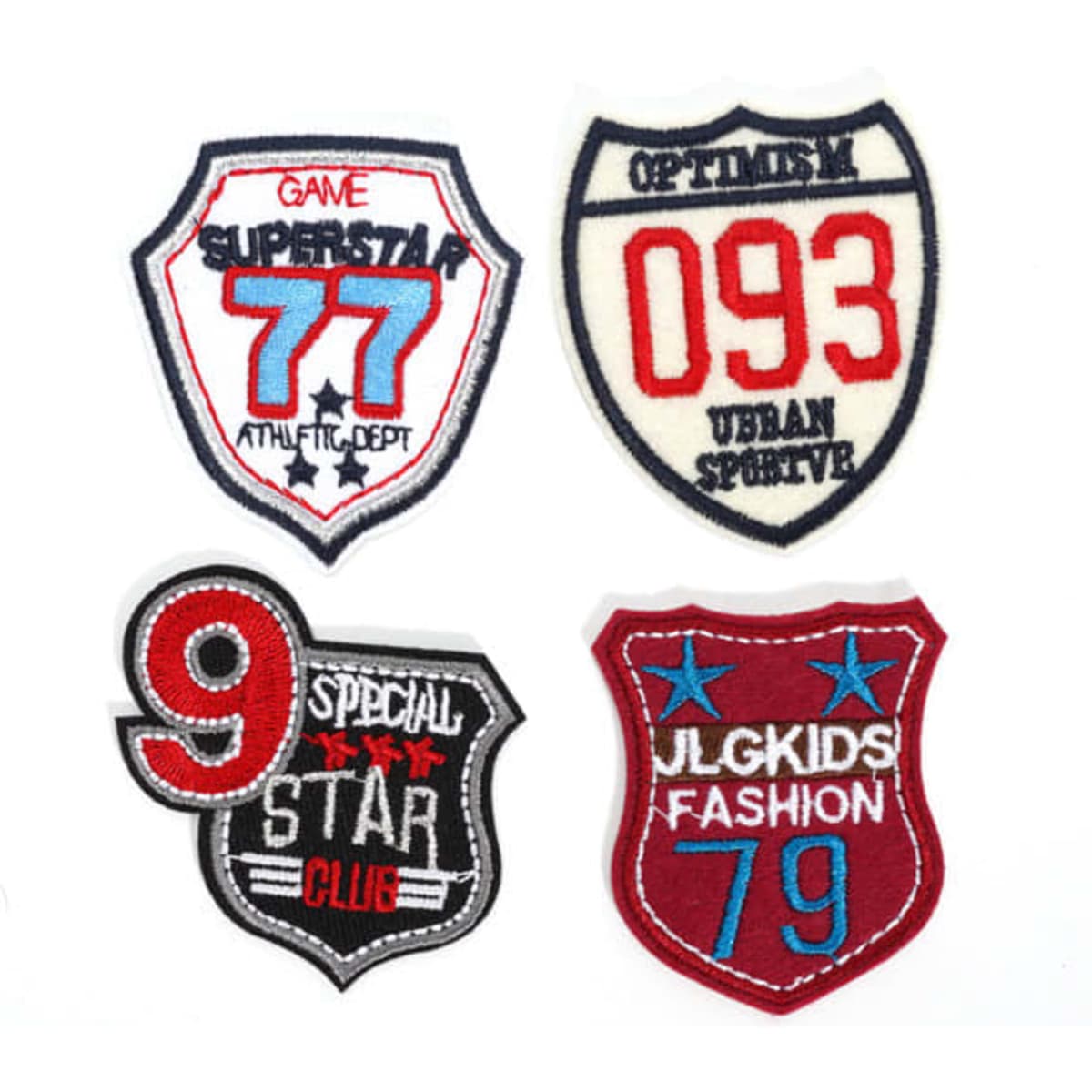Four custom embroidered patches in red, white, and blue featuring various designs and text.