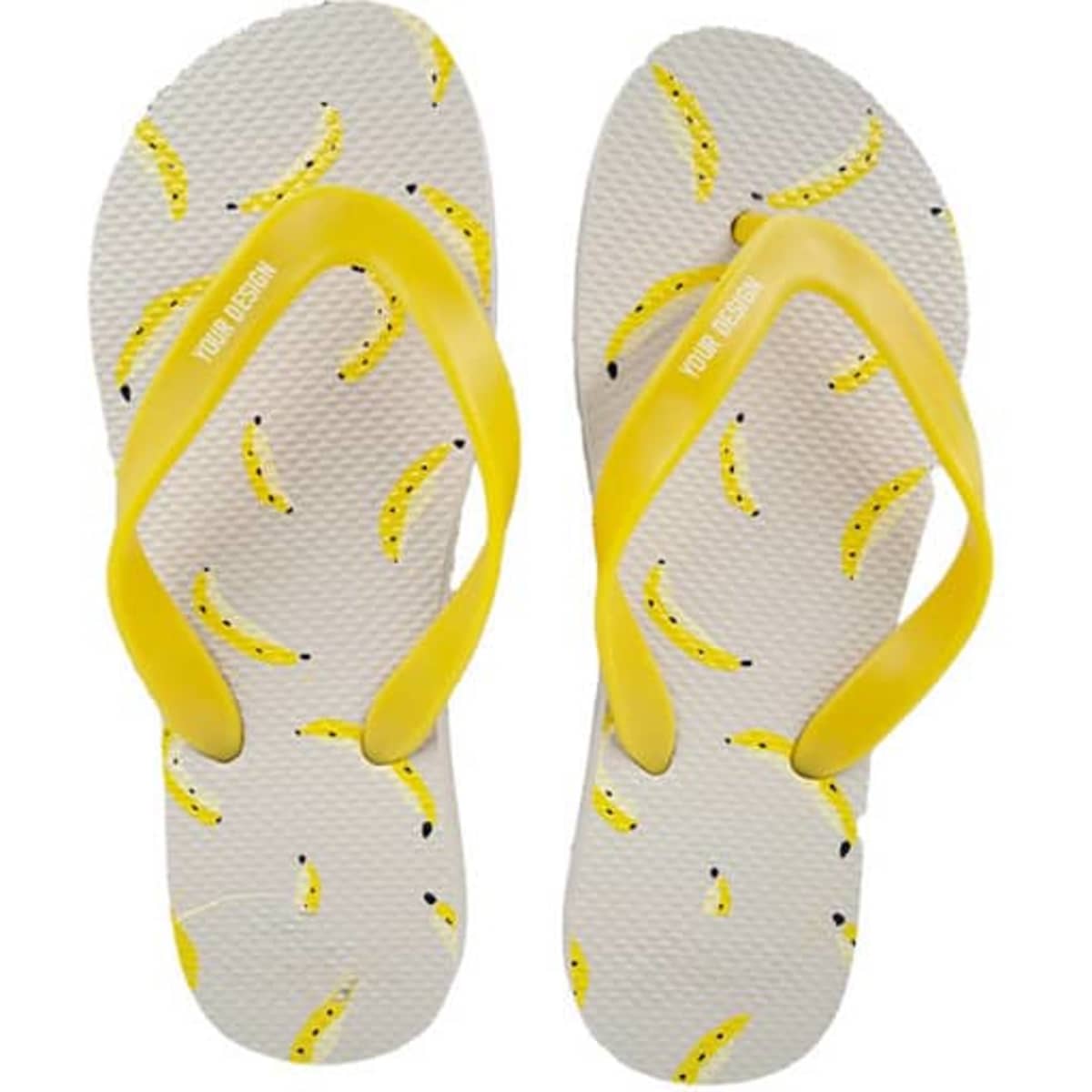 Rubber flip flops with yellow PVC straps and a banana print on a white background.
