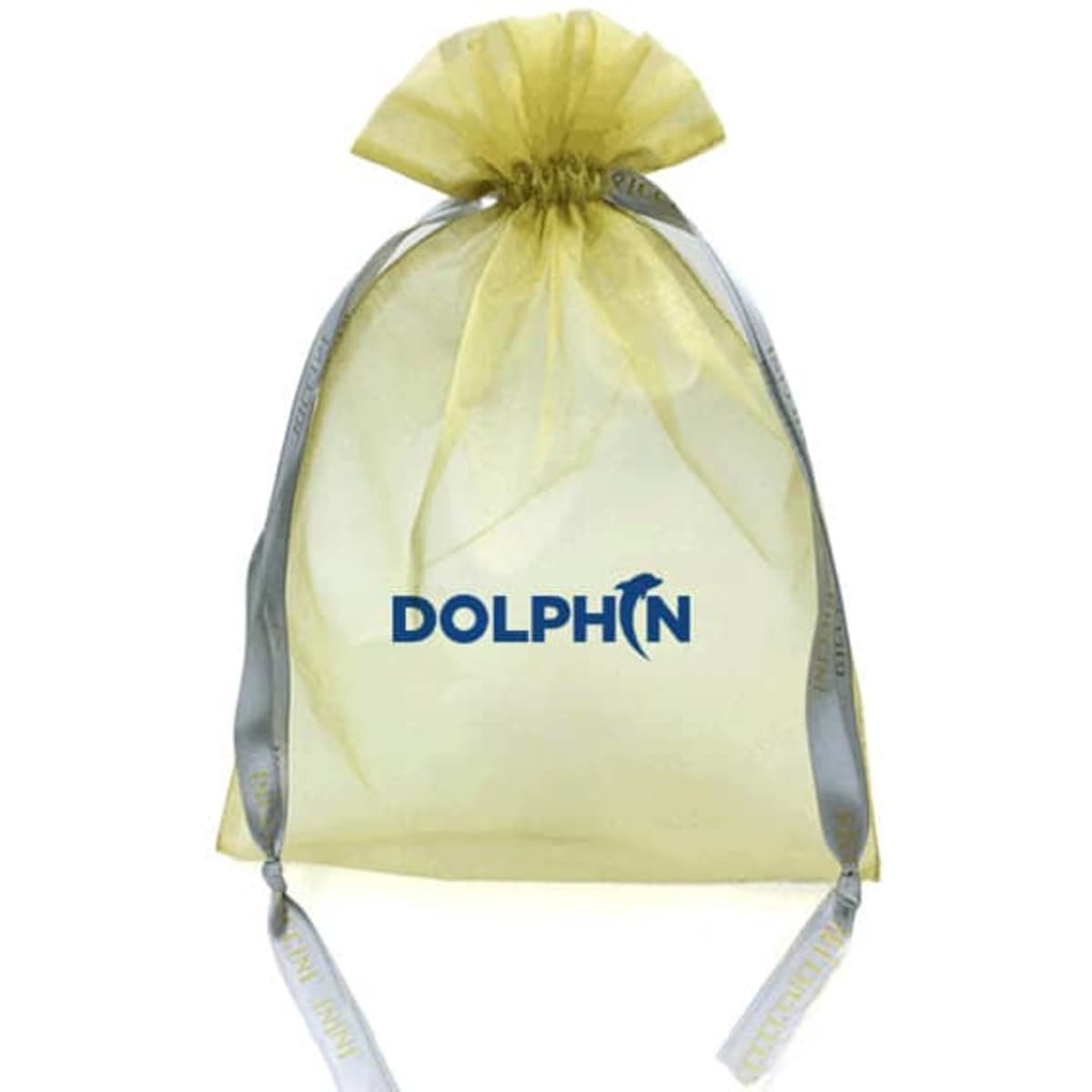 A yellow organza drawstring bag with grey ribbon ties and a logo printed on the front.