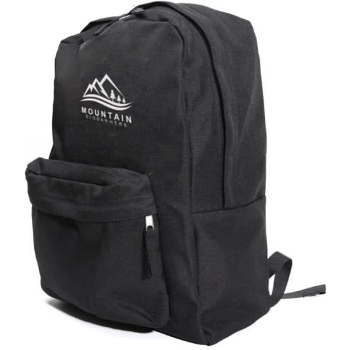 A black polyester backpack with a front pocket and a logo featuring mountains.