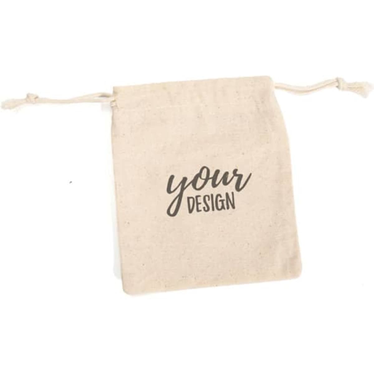 A cream cotton drawstring pouch featuring a design area and a simple drawstring closure.