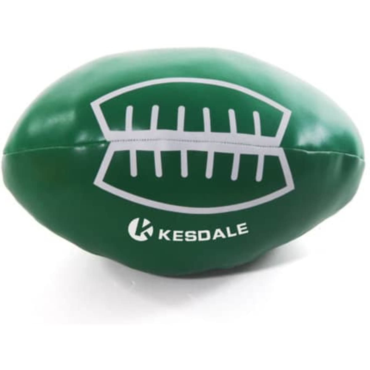 A green anti-stress football featuring white stitching and a logo on one side.