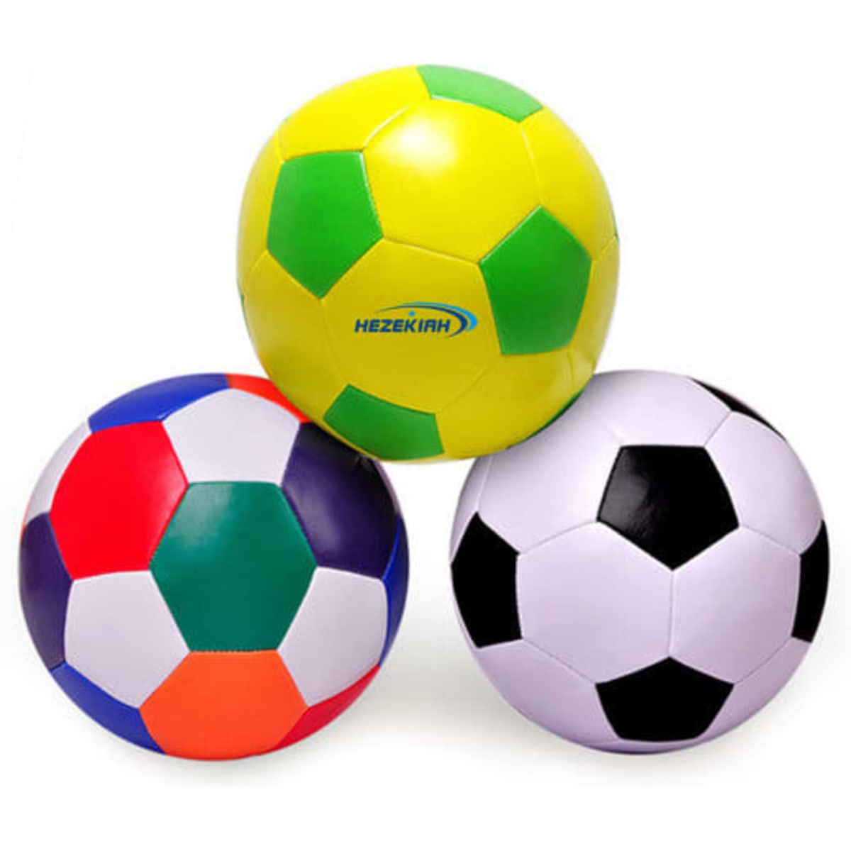 Three soft footballs in vibrant colours: yellow with green, black and white, and multicoloured with red, blue, and green.