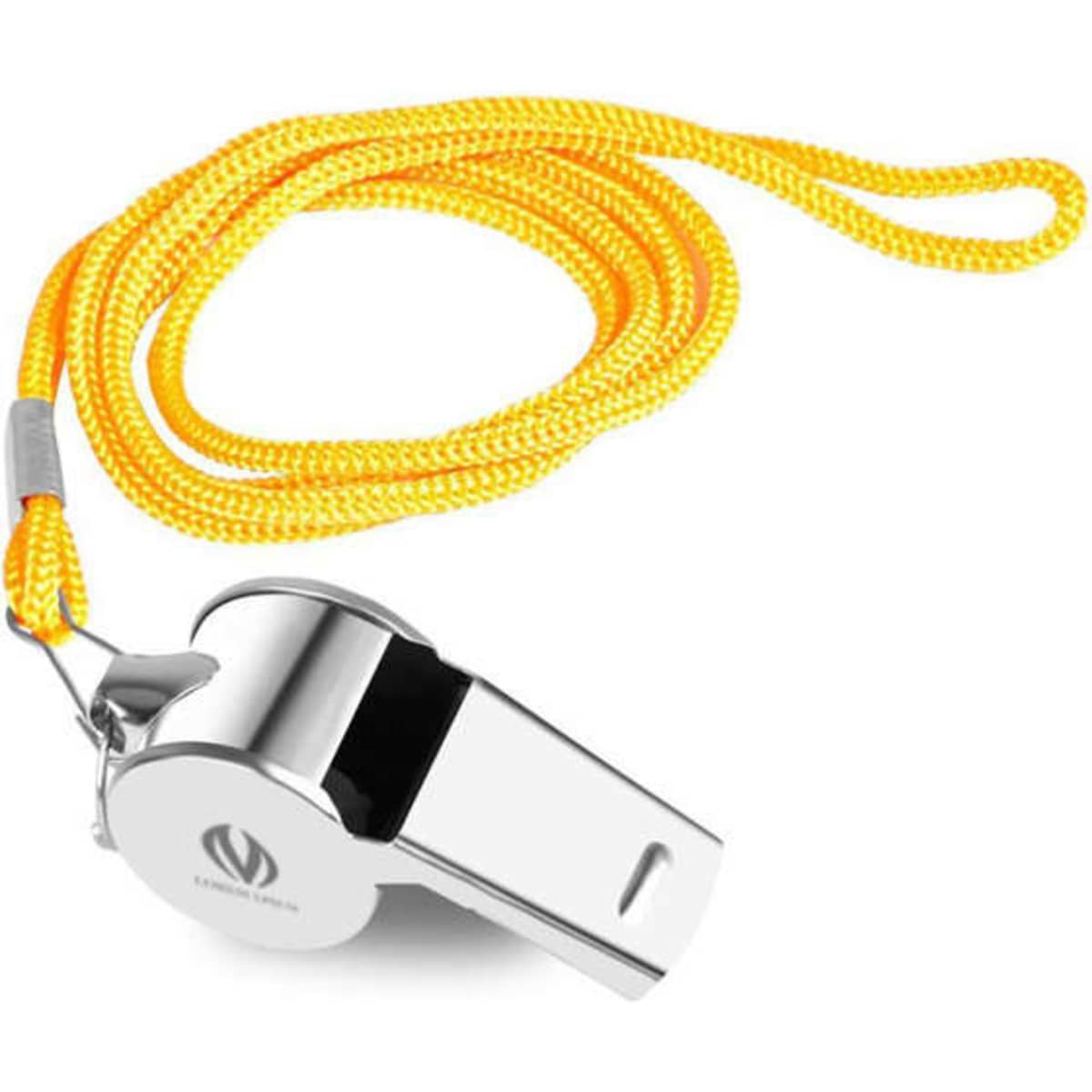 A silver sports whistle with a yellow lanyard, featuring a textured surface and a metallic finish.
