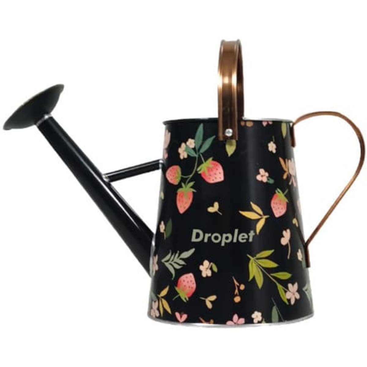 A black watering can with floral patterns, featuring a copper handle and a spout, includes branding on the side.