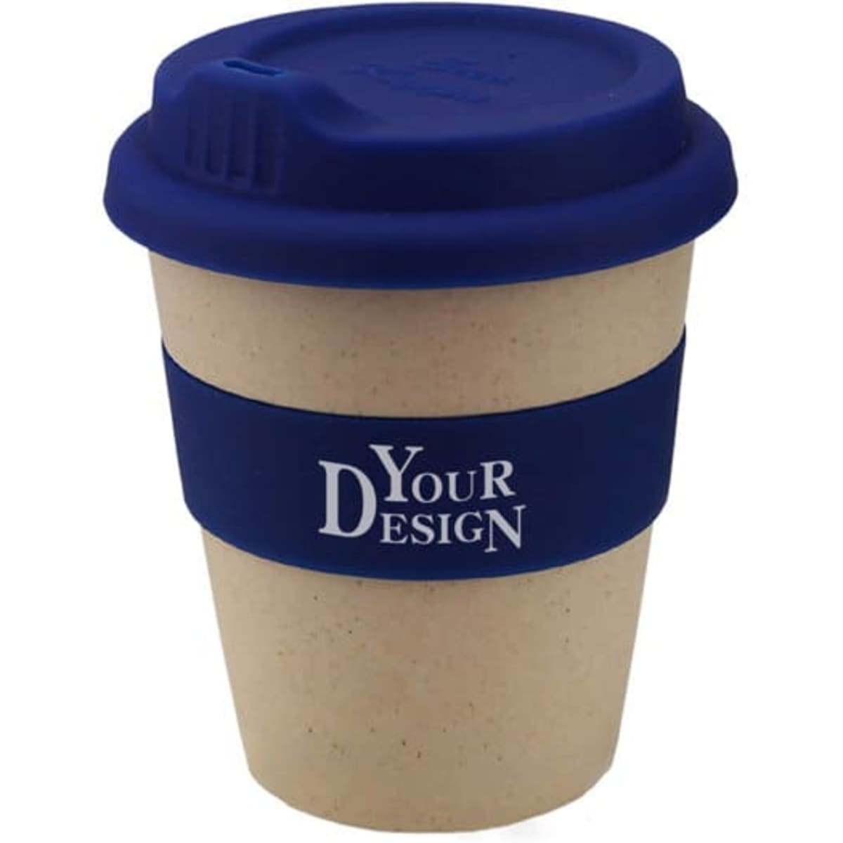 A bamboo fibre coffee cup with a blue lid and a blue band, featuring a logo or branding design.