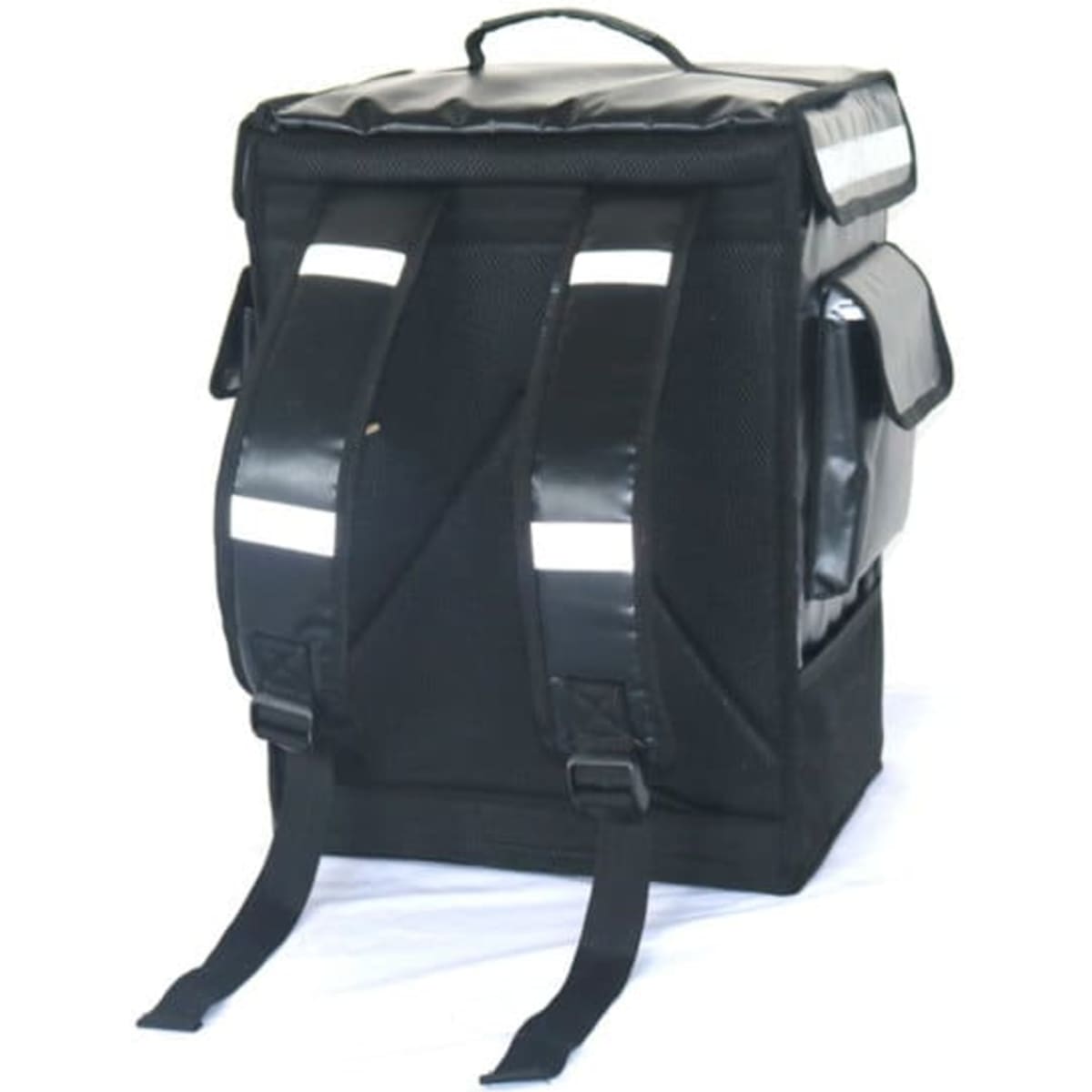 An insulated black food delivery backpack with reflective strips and dual shoulder straps.