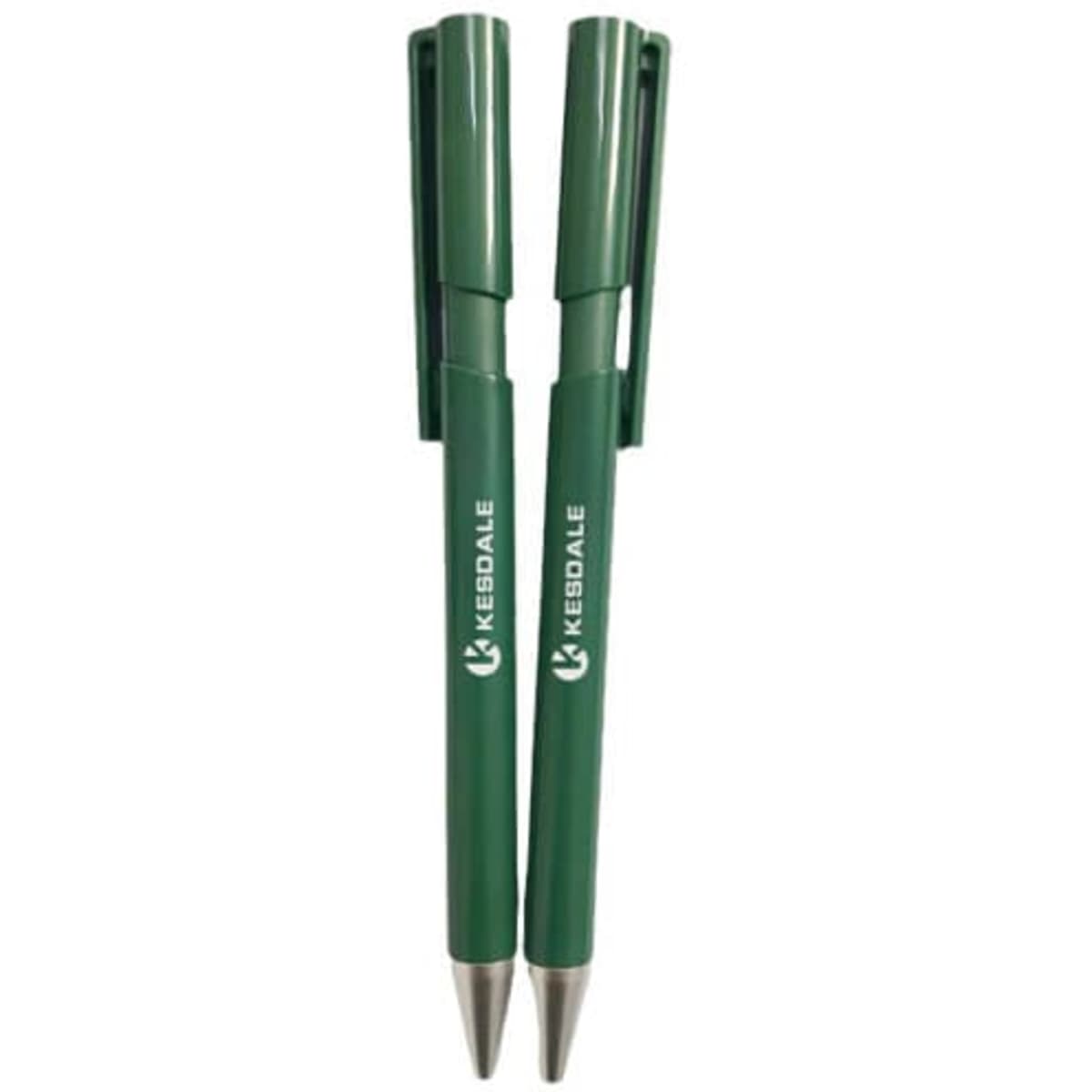Two green ballpoint pens are displayed, featuring a logo on one side.