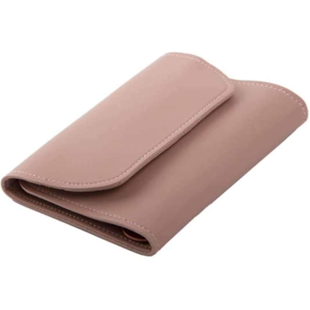 A pink nail clipper set case with a flap closure, featuring a logo on the surface.