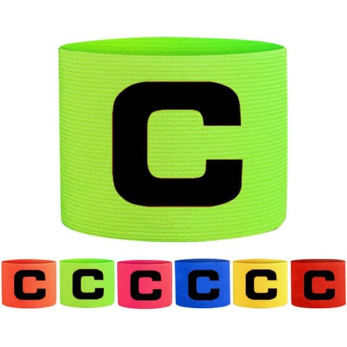 A collection of elastic polyester armbands in neon green, pink, blue, yellow, orange, and red, each featuring a black letter "C."