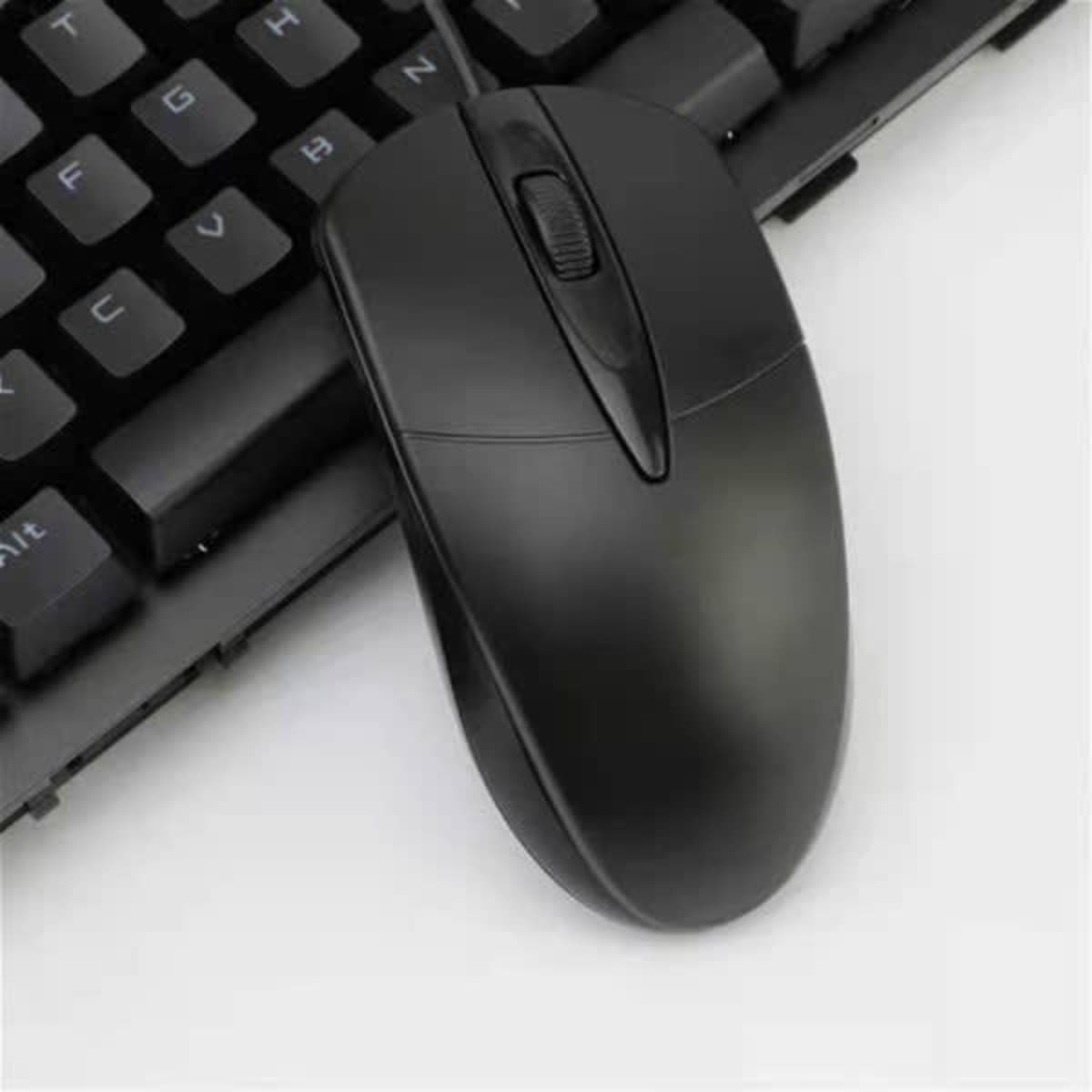 A black wired mouse with a USB cable positioned on a black keyboard. The mouse features a scroll wheel and buttons.