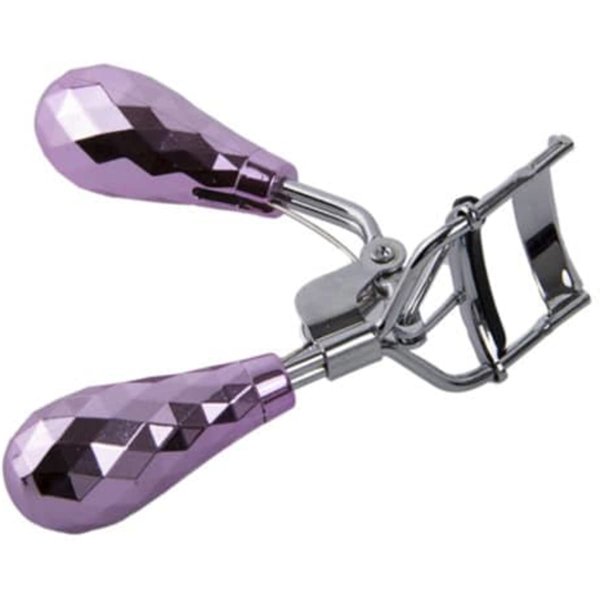 A stainless steel eyelash curler with faceted purple handles and a shiny metal frame. It features a branding logo.