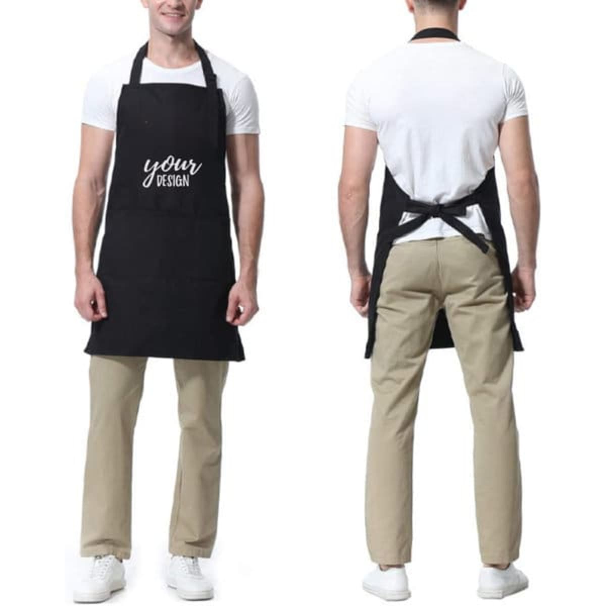 A black adjustable cooking apron with pockets, featuring a logo, displayed from the front and back.