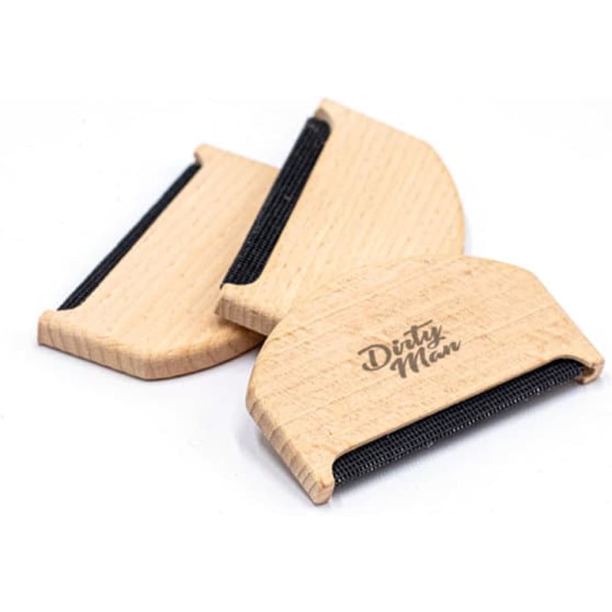 A wooden comb lint remover in natural wood finish, featuring black bristles and a logo on the surface.