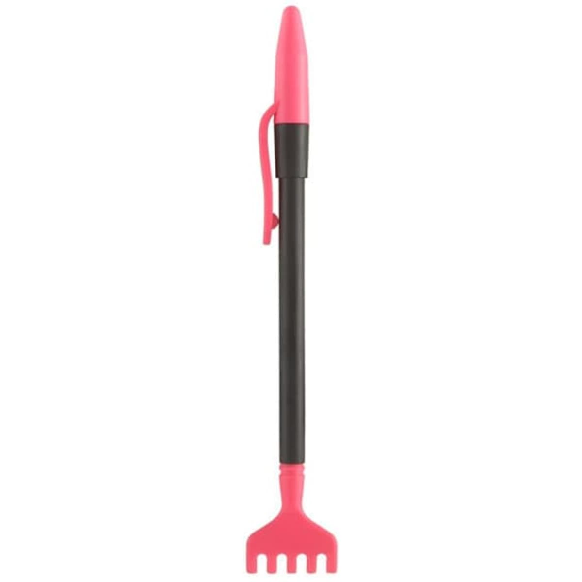 A pink telescoping back scratcher pen with a black handle and a small rake-like end. It features a logo.