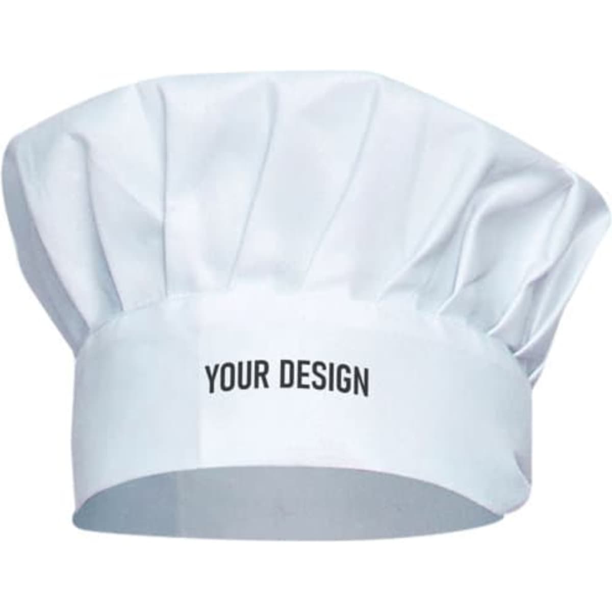 A white adjustable elastic band chef hat with a blank band for custom designs and a logo.