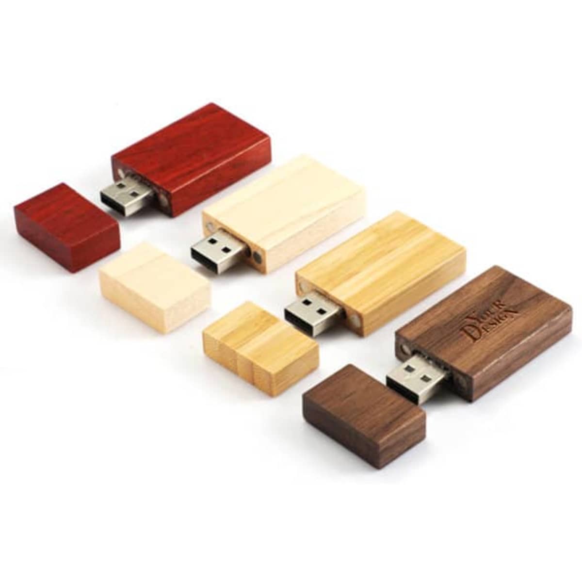 A collection of wooden USB flash drives in red, cream, brown, and yellow, featuring a logo on one.