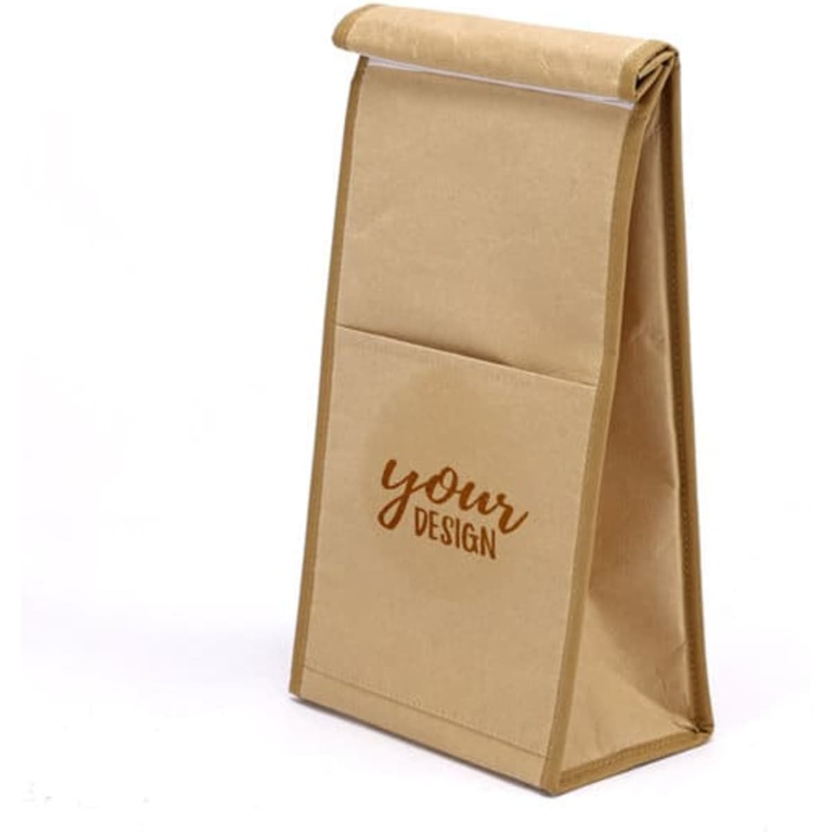 An insulated kraft paper lunch bag in a natural brown colour with a front pocket and a logo.