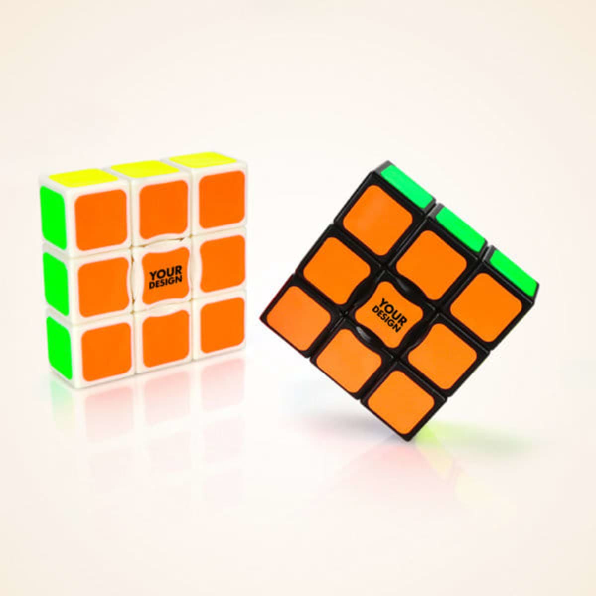A 1x3x3 magnetic speed cube in black and bright colours, featuring a logo on one side.