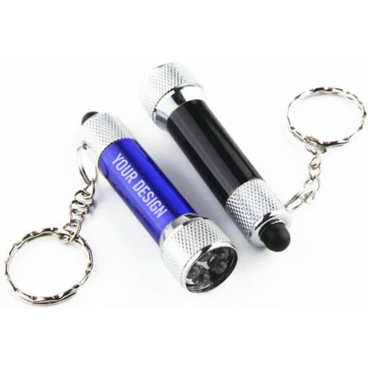 Two mini flashlight key rings in black and blue, featuring a silver metallic trim and attached key rings.