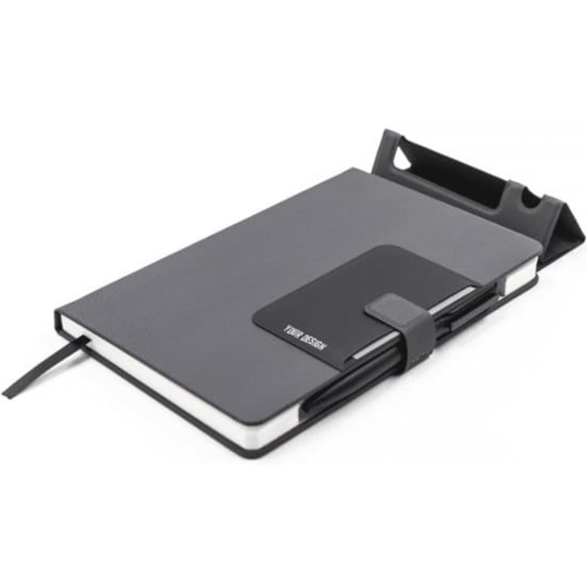 A grey notebook with a mobile phone holder and a black band, featuring a logo on the front cover.