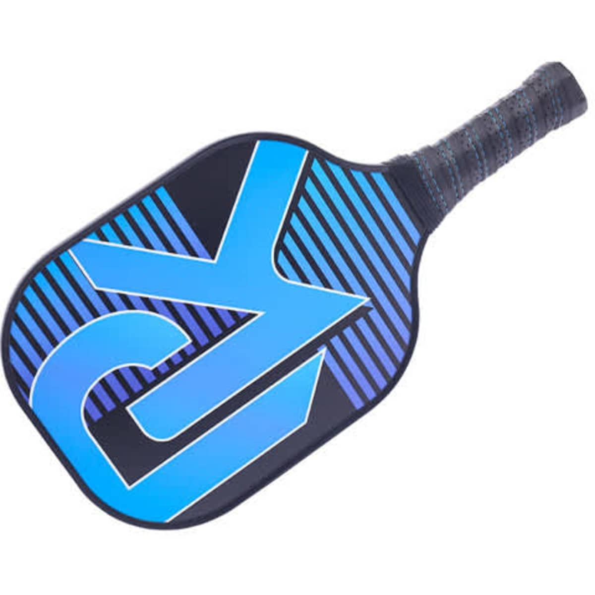 A portable pickleball paddle with a blue and black design, featuring a textured grip and a logo.